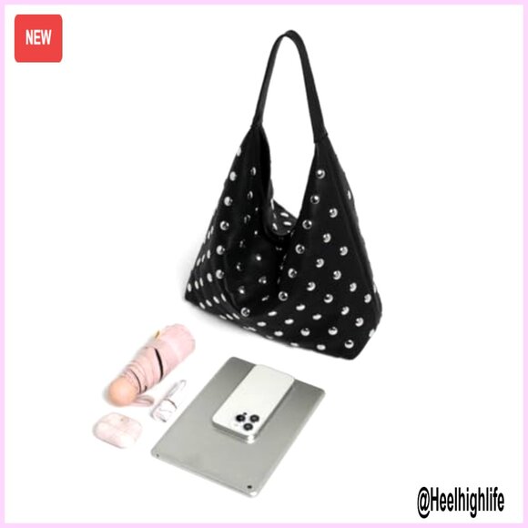 Studded Vegan Leather Hobo Bag Slouchy Shoulder Tote Handbag Purse - Picture 3 of 7
